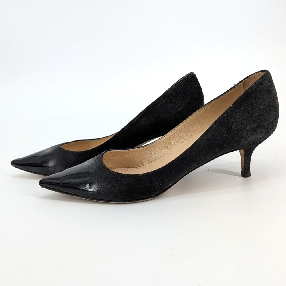 Jimmy Choo Black Suede Patent Leather Kitten Heel Pointed Toe Pumps Size 37.5 - Picture 3 of 7